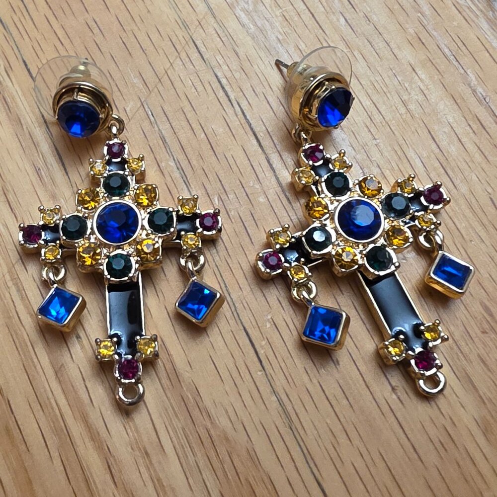 Guess Multi-Colored Stone Gold Tone Cross Earrings